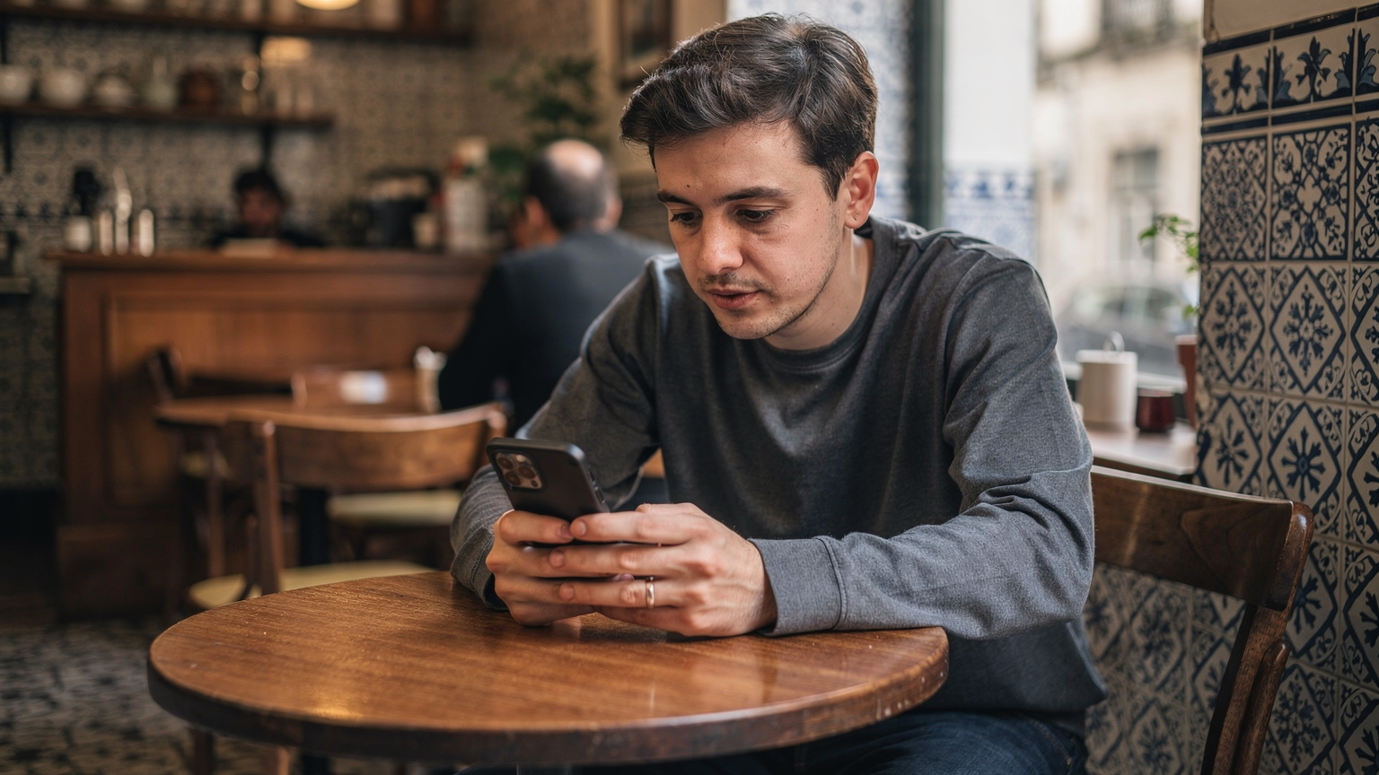Um viajante verificando seu iPhone 18 para a ativação do eSIM em um café movimentado em Lisboa, com os azulejos tradicionais portugueses ao fundo.