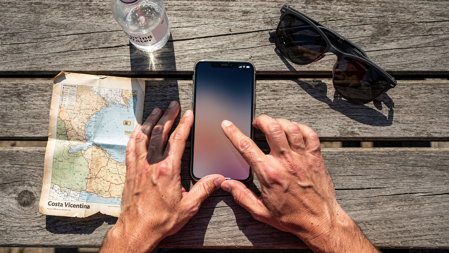 Mãos de um viajante ativando um eSIM em seu iPhone 18, com um mapa da Costa Vicentina e óculos de sol em uma mesa de madeira rústica, simulando uma pausa na estrada.