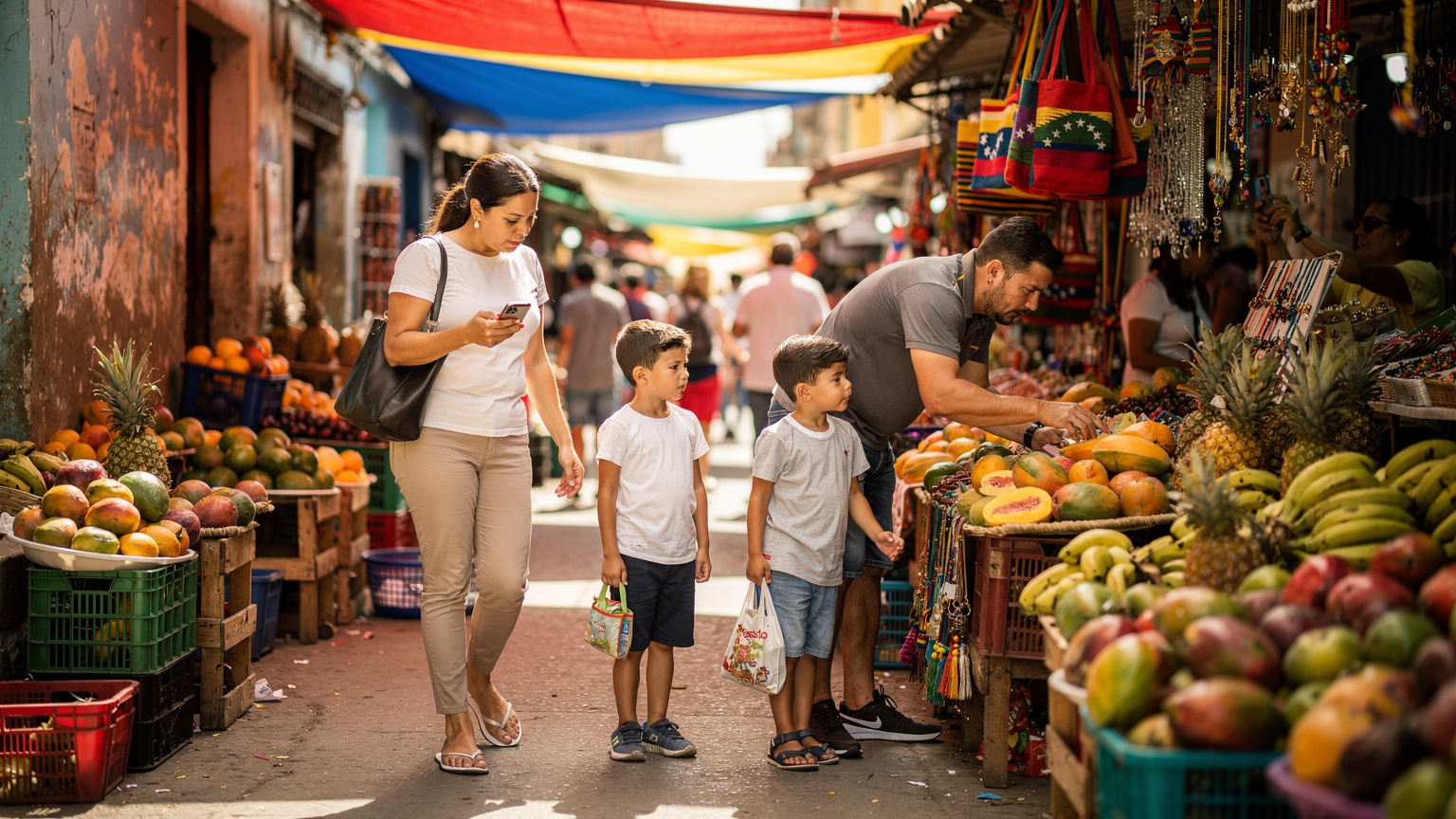 A family navigates a bustling market in Caracas, Venezuela, using a smartphone for directions, with colourful produce stalls in the background.