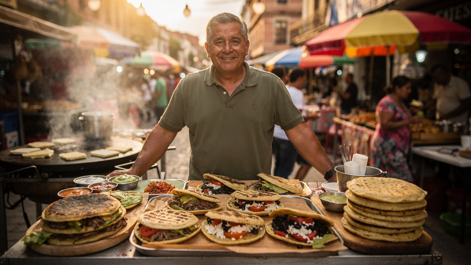 A street vendor in a busy Venezuelan city market proudly displays a variety of freshly made arepas, with steam rising from a grill.