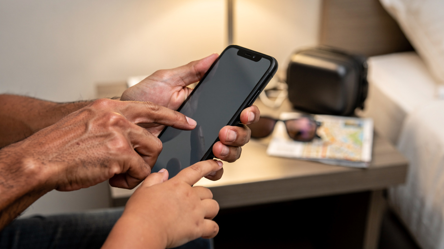 Close-up of a parent's hands setting up an eSIM on a smartphone, with a child's hand gently touching the screen, in a hotel room in Caracas.