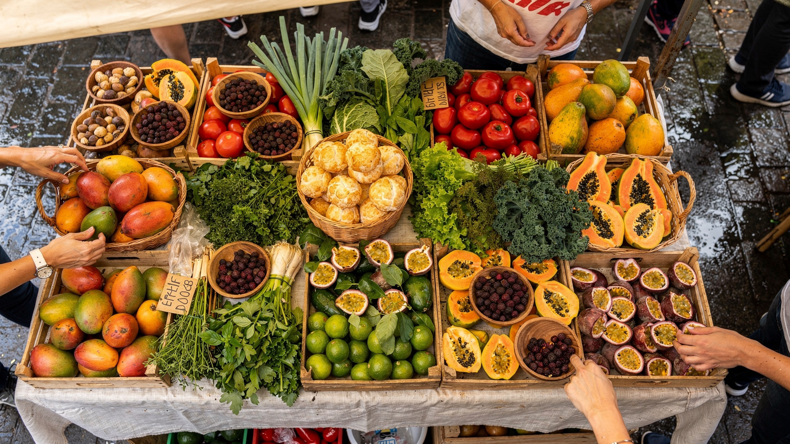 Ein bunter Lebensmittelstand auf einem geschäftigen Wochenmarkt in São Paulo, mit einer Fülle von frischem Obst, Gemüse und lokalen Spezialitäten.