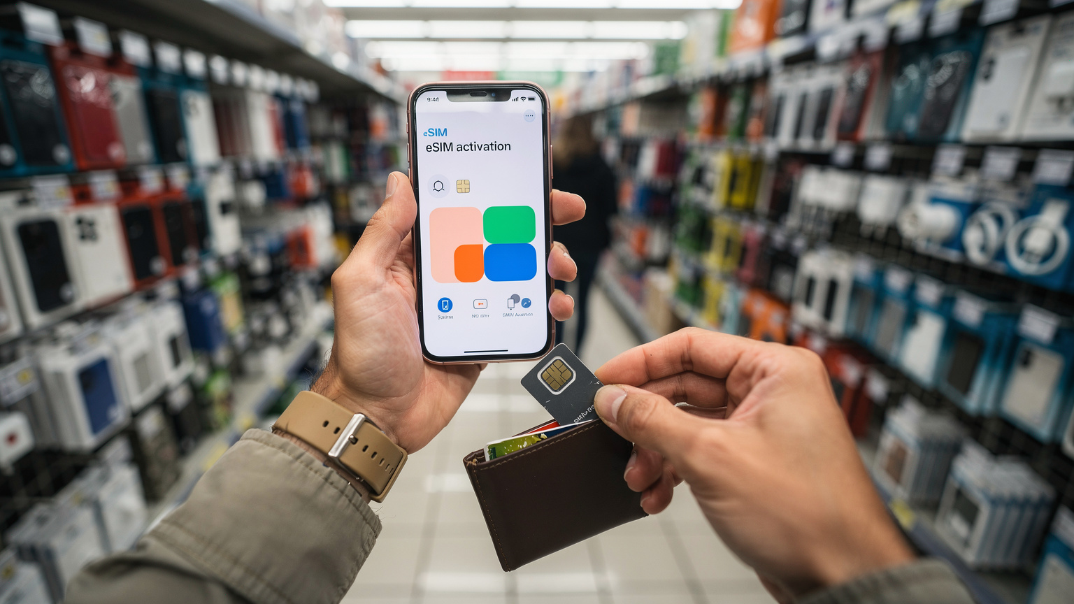 Bir gezginin elinde akıllı telefon ve aynı anda cüzdanından çıkardığı fiziksel bir SIM kart. Bir süpermarketin elektronik reyonunda, karşılaştırma yapıyor gibi görünüyor.
