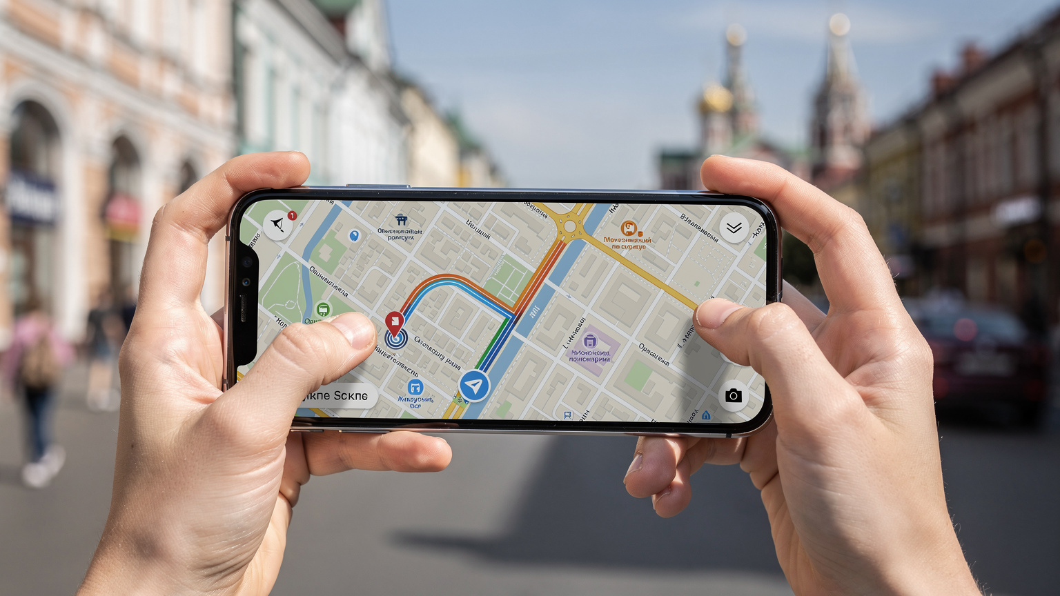 Крупный план детских рук, держащих смартфон с открытым приложением карты, показывающим маршрут по городу, на размытом фоне городского пейзажа.