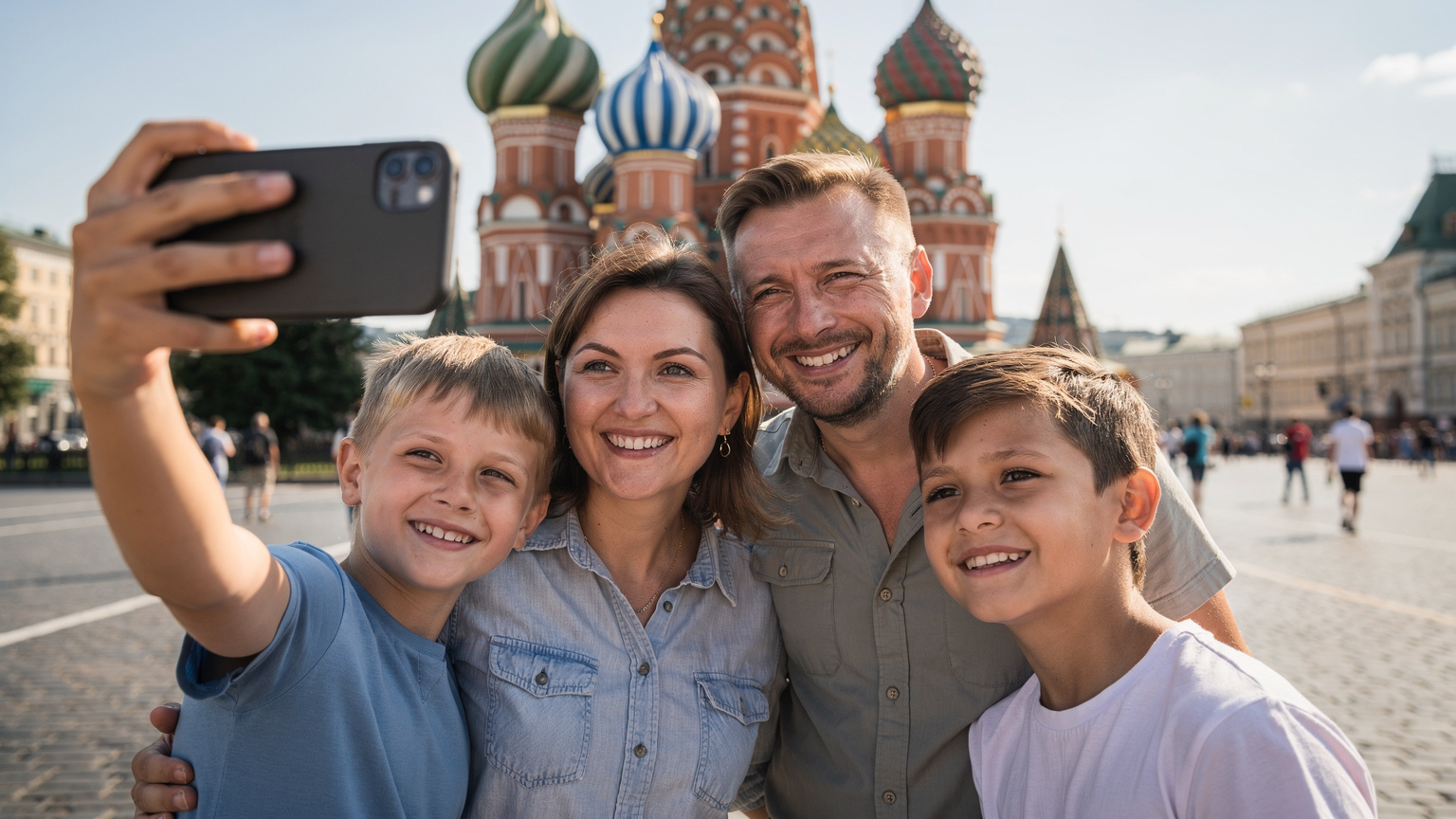 Российская семья, родители и двое детей, делают селфи на смартфон на фоне Собора Василия Блаженного на Красной площади в Москве.