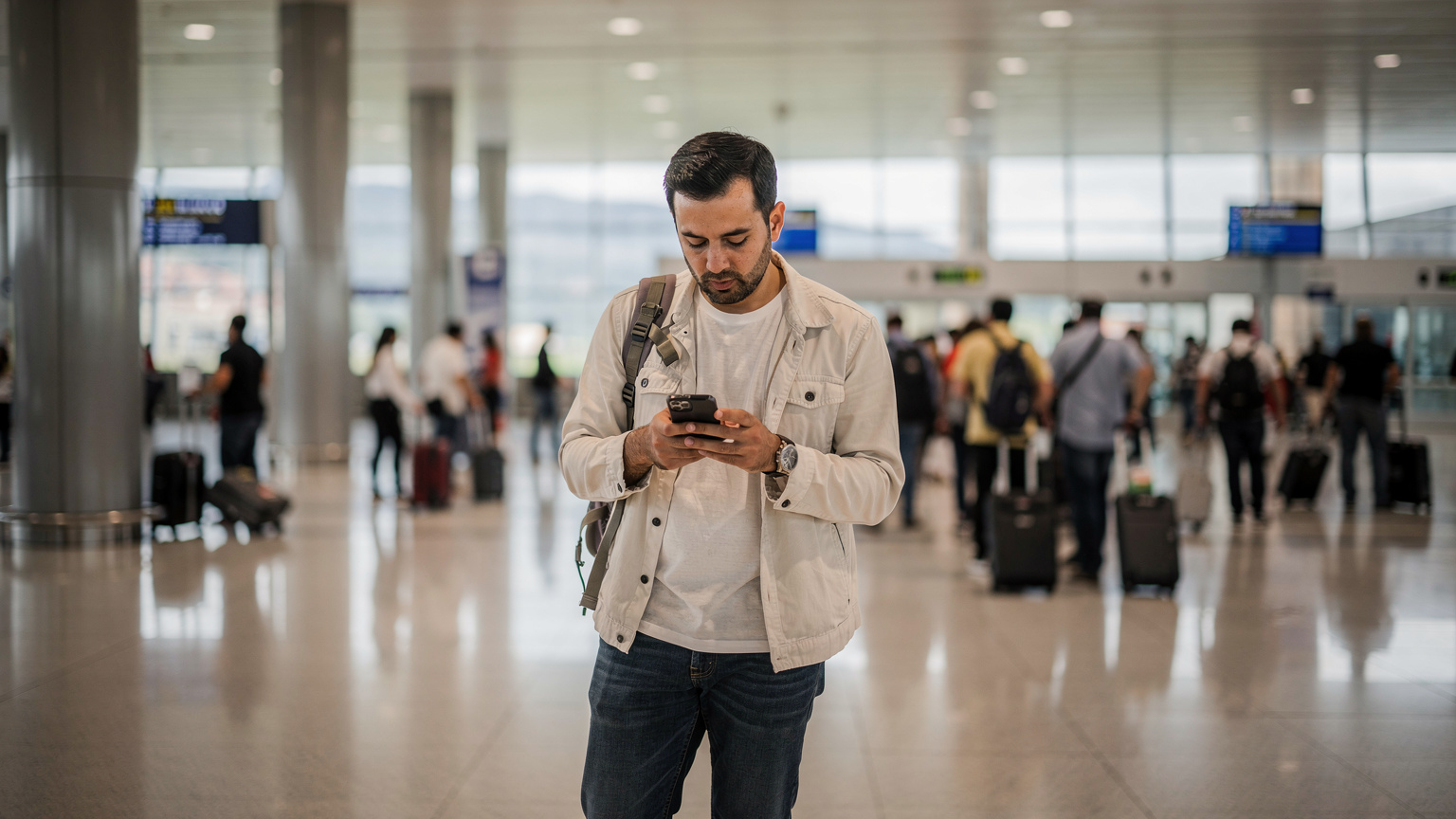Un viajero consulta su teléfono en el hall de llegadas del aeropuerto de El Dorado, Bogotá, Colombia, buscando información sobre transporte.