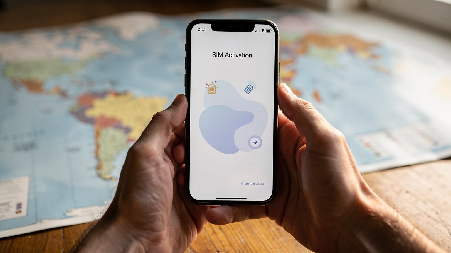 Manos de un viajero revisando los detalles de su eSIM en la pantalla de su smartphone, con un mapa de América Latina de fondo.