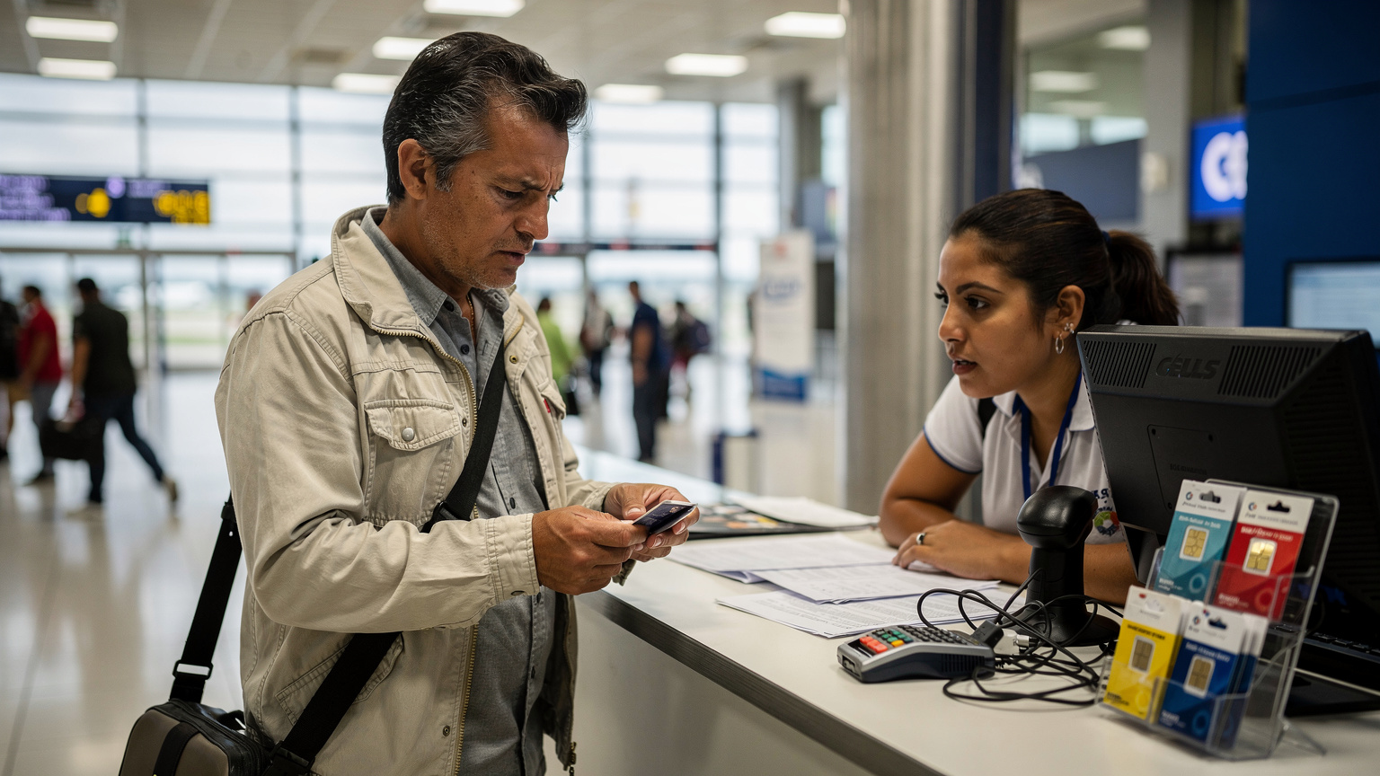 Un turista frustrado en el mostrador de atención al cliente de una compañía telefónica local en un aeropuerto latinoamericano, tratando de comprar una SIM física.