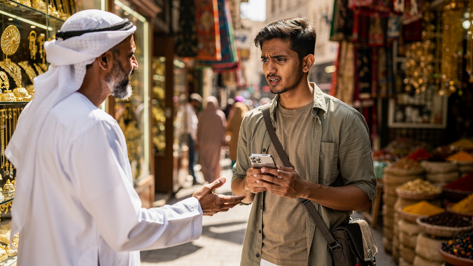 एक यात्री दुबई के Deira Gold Souk में एक स्थानीय विक्रेता के साथ बातचीत कर रहा है।