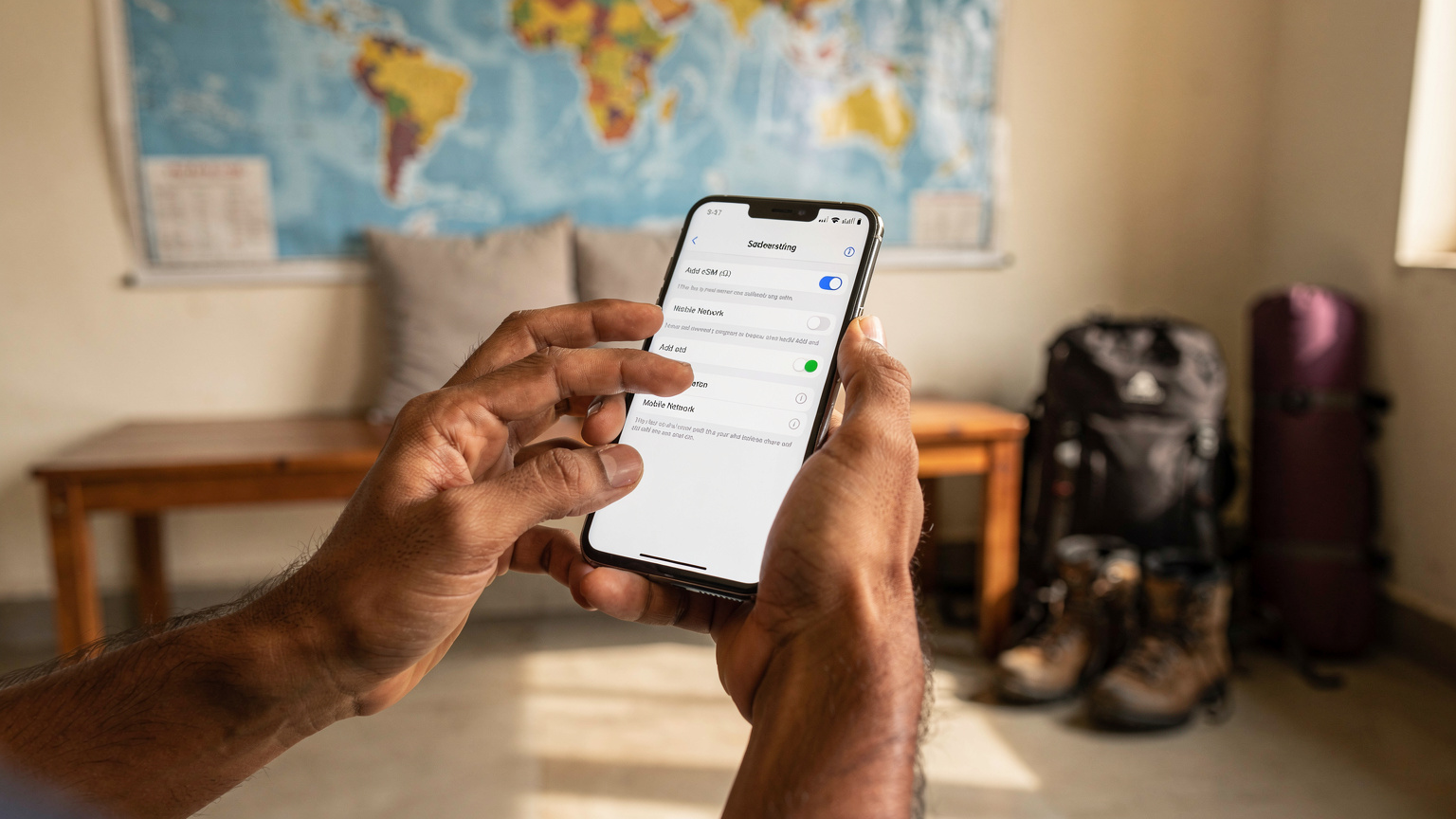 एक यात्री अपने Samsung Galaxy फोन पर eSIM सेटिंग्स मेनू को नेविगेट कर रहा है।