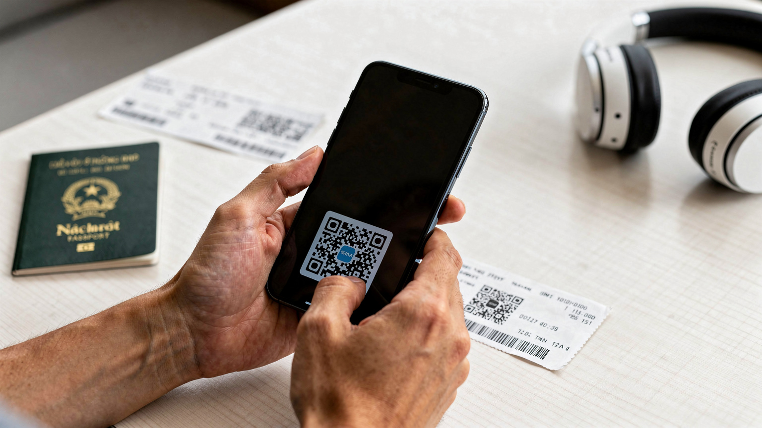 Một đôi tay đang cẩn thận thao tác trên màn hình điện thoại để quét mã QR kích hoạt eSIM, với hình ảnh hộ chiếu và thẻ lên máy bay nằm trên bàn.