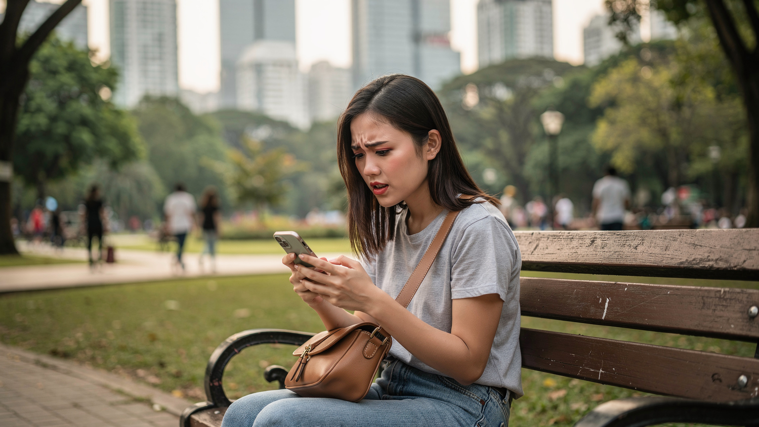 Một du khách đang ngồi trên ghế đá công viên, vẻ mặt hơi lo lắng khi nhìn vào màn hình điện thoại đang hiển thị thông báo hết dữ liệu, với khung cảnh thành phố nhộn nhịp phía sau.