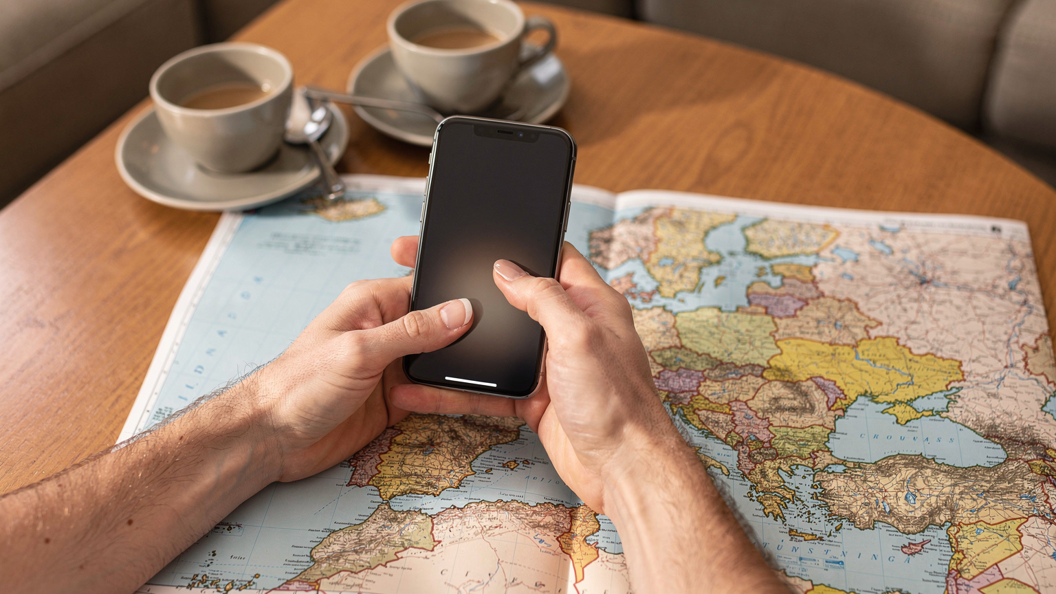 Et nærbilde av hender som holder en smarttelefon og navigerer i en reiseapp med et kart over Europa på skjermen. Detaljene fokuserer på interaksjonen og planleggingen.