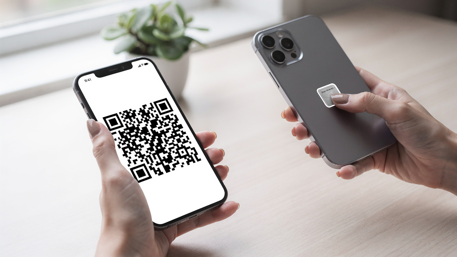 Et nærbilde av en kvinne som holder en smarttelefon med en QR-kode på skjermen, mens en annen telefon skanner den. Fokus på enkel aktivering av eSIM.