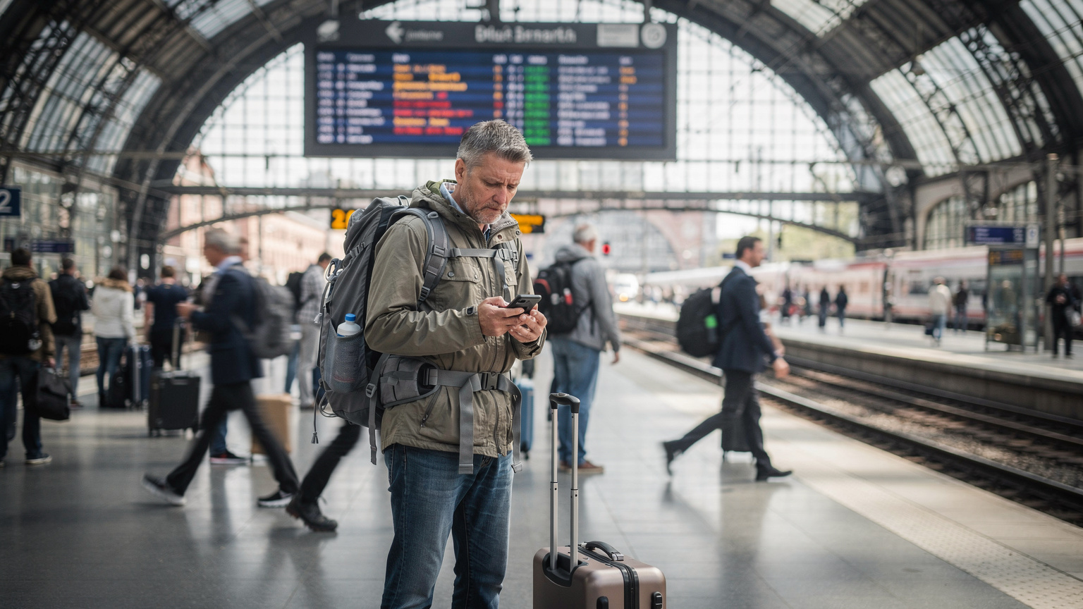 En travel jernbanestasjon i Europa, muligens Gare du Nord i Paris eller Hauptbahnhof i Berlin, med reisende som navigerer mellom togspor. En person ser litt forvirret på telefonen sin, som om de mangler tilkobling.