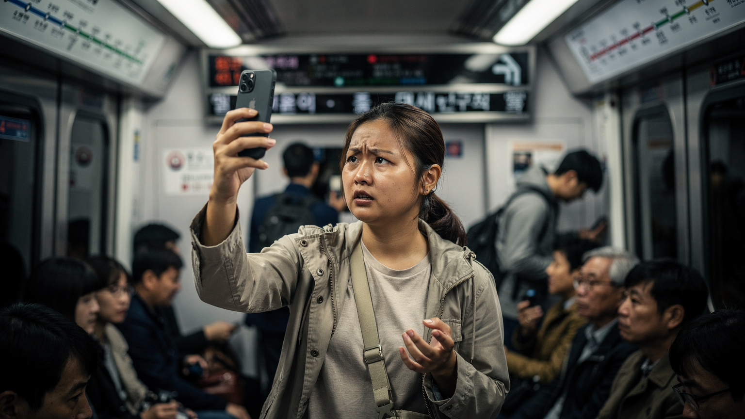 Seorang traveler sedang mencoba mencari sinyal di kereta bawah tanah Seoul, dengan ekspresi sedikit cemas.