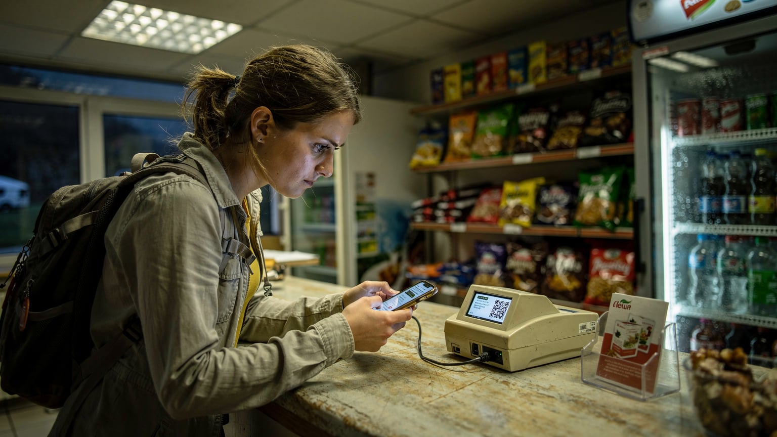 O turistă cu rucsac, arătând un QR code pe telefonul ei către un cititor optic la ghișeul de check-in al unei benzinării din Croația, încercând să activeze o cartelă SIM fizică și având o expresie ușor frustrată.