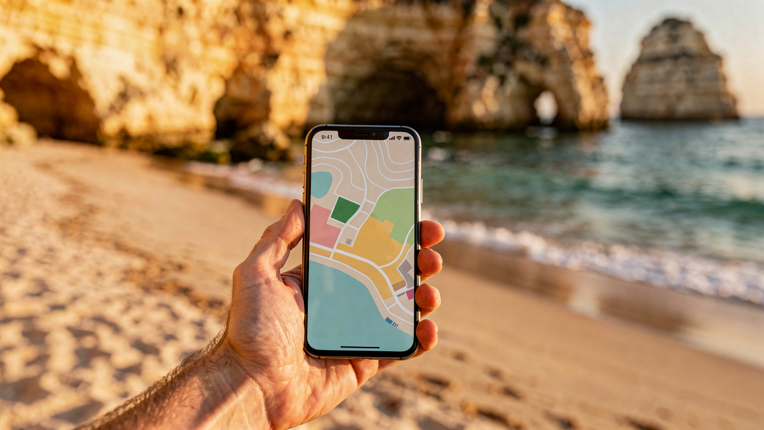 O mână umană ținând un smartphone pe care se vede o hartă offline (fără text lizibil) pe o plajă aurie din Algarve, Portugalia, cu stânci calcaroase sculptate de valuri în fundal și apa azurie.