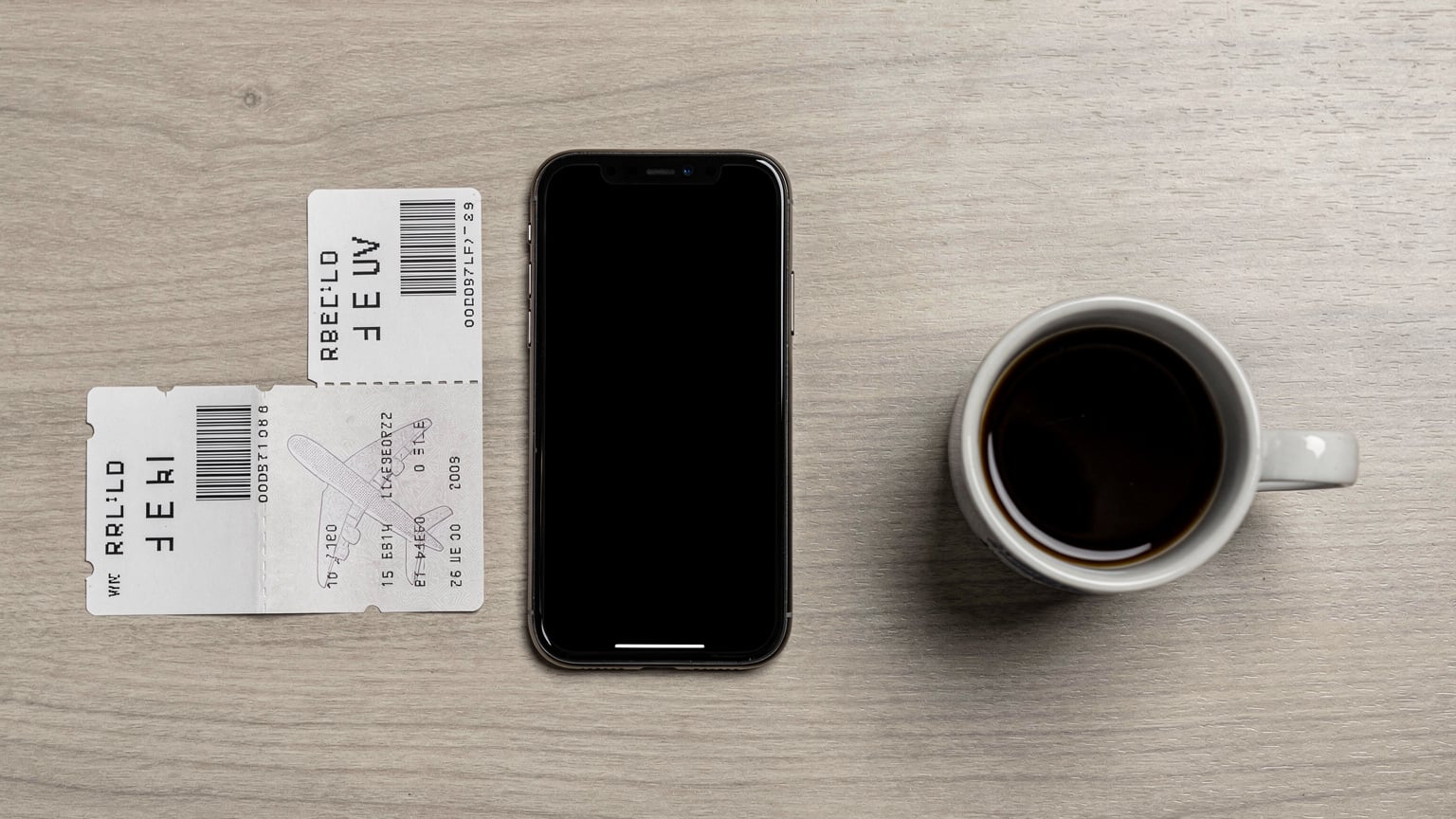 O ilustrație a unui telefon cu un ecran gol, așezat lângă un pașaport deschis, o carte de îmbarcare și o ceașcă de cafea pe o masă de aeroport, sugerând pregătiri de călătorie înainte de zbor.