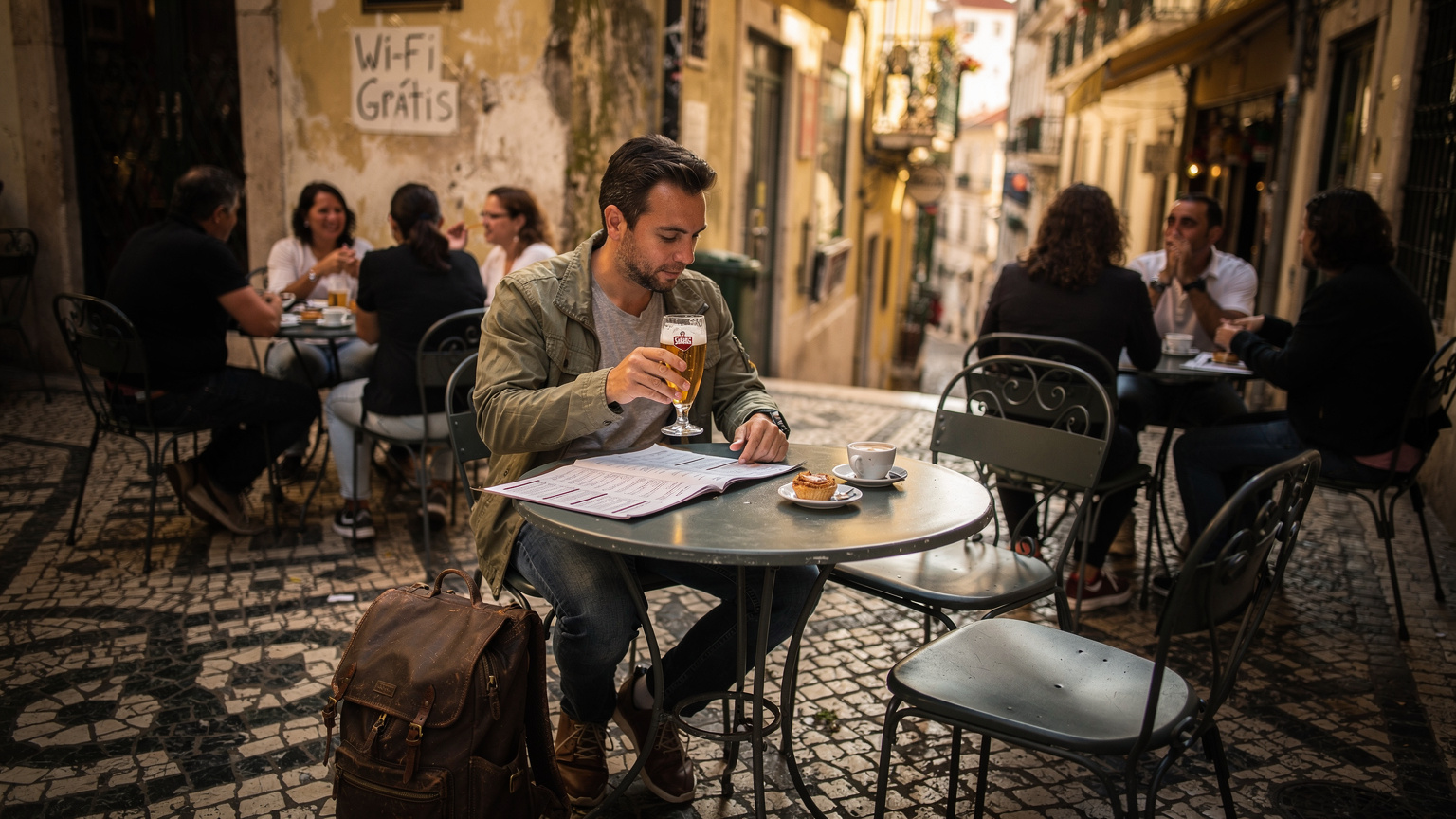 Un călător cu un pahar de Sagres în mână, verificând meniul unei cafenele aglomerate din Lisabona, în timp ce un semn discret pe perete indică 'Wi-Fi Grátis'. Scena surprinde un moment autentic, cultural portughez.