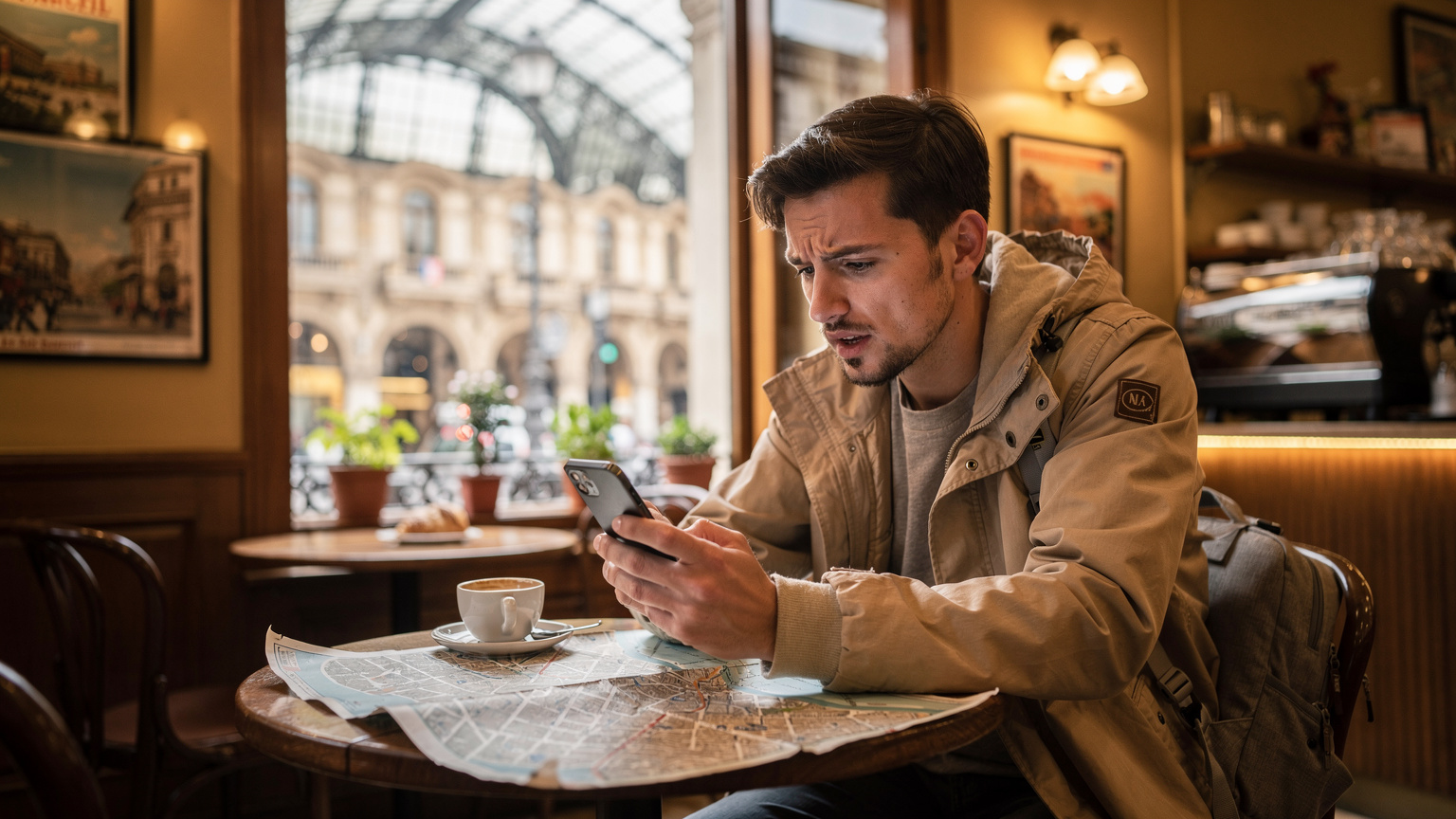 Milano'daki tarihi Galleria Vittorio Emanuele II'nin içinde, bir gezgin dikkatlice bir kafenin penceresinden dışarı bakarken elindeki eski model bir haritayı yeni nesil akıllı telefonundaki dijital harita ile karşılaştırıyor. Yüzünde biraz şaşkınlık var.
