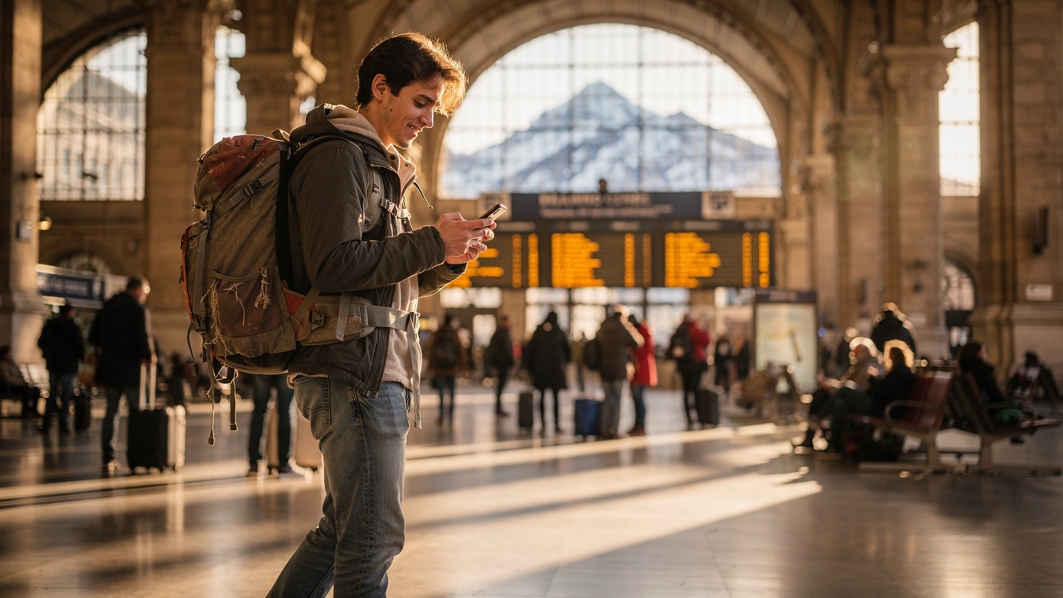 Bir sırt çantalı gezgin, Milano Centrale İstasyonu'nda kalabalık içinde telefonunda Cellesim eSIM uygulamasını kontrol ediyor. Ön planda bir tren istasyonu tabelası ve arkada Alplerin silueti var.