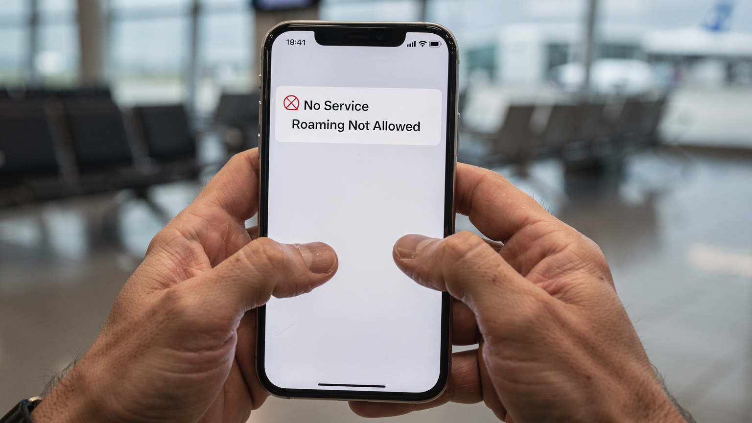 A close-up shot of a smartphone displaying a 'No Service' or 'Roaming Not Allowed' message, held by a person with a slightly frustrated expression, possibly at an airport gate.