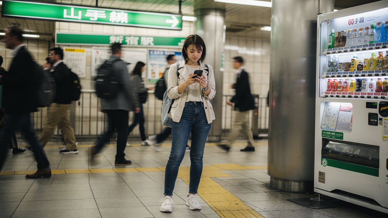 A traveler in a bustling Tokyo train station, using their smartphone to navigate, with a focus on their hand holding the device and the vibrant, specific cultural details of the station surroundings.