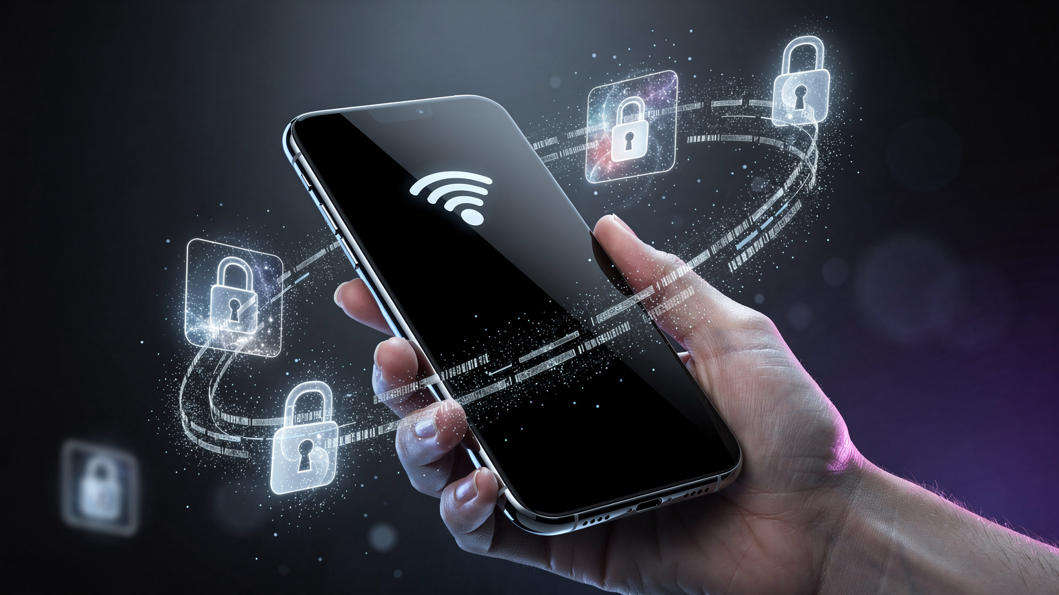 A modern smartphone displaying a generic network signal icon, with abstract, glowing digital security lock symbols floating around it, representing eSIM security and data protection.
