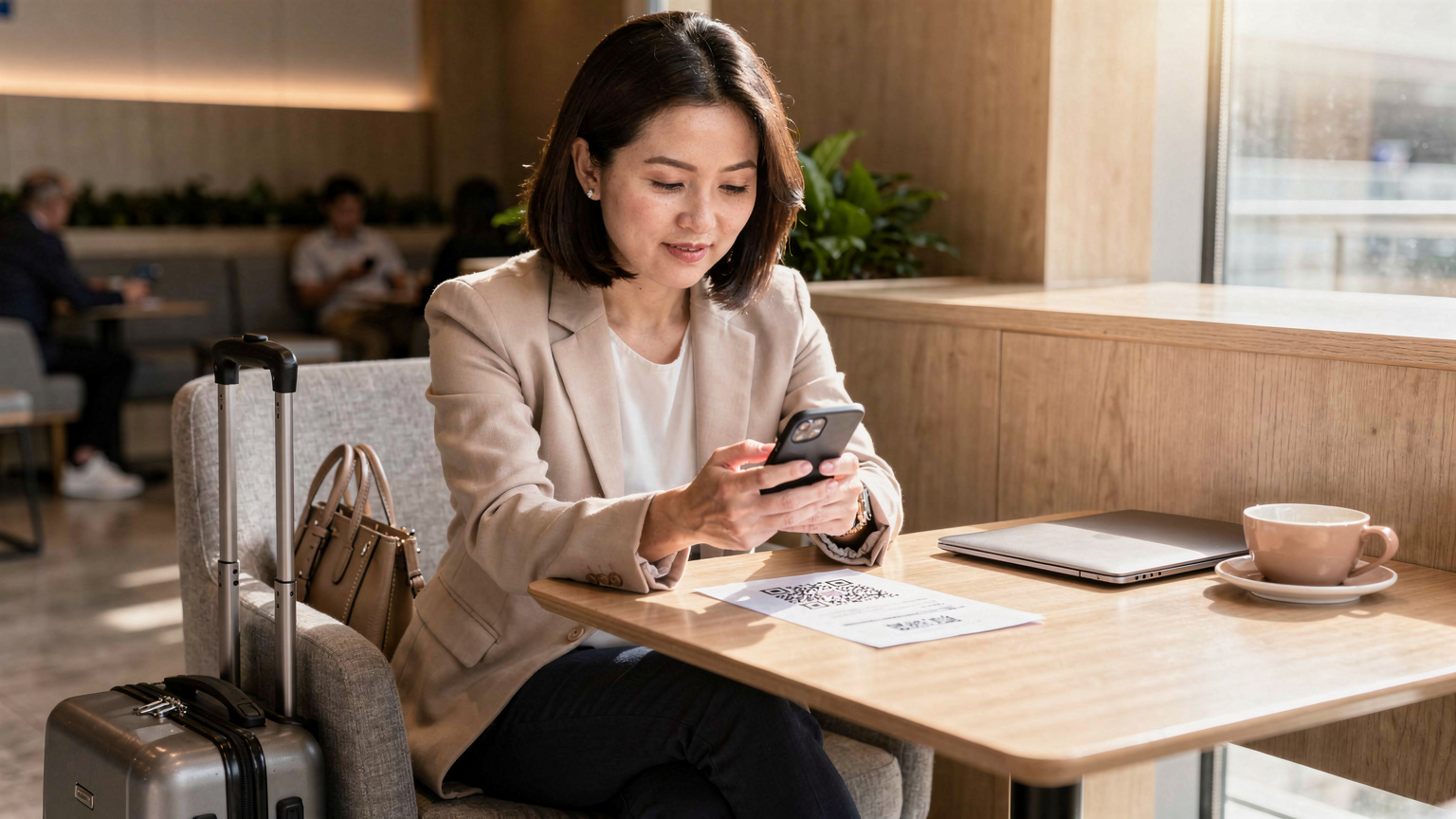 A woman at a bright, minimalist airport lounge, scanning a QR code on a printed sheet with her smartphone to activate her eSIM, with a sense of calm and efficiency.