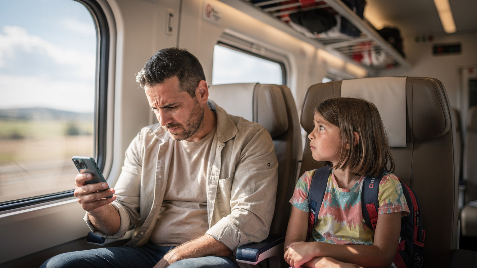 Un padre y su hija sentados en un tren de alta velocidad AVE en España, él mira con una expresión de leve frustración su teléfono móvil, que muestra una barra de señal baja, mientras la niña lo mira con impaciencia.