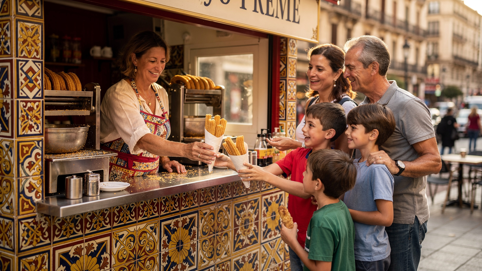 Una vendedora de churros en un puesto callejero tradicional de Madrid sirve a una familia. El puesto está decorado con azulejos coloridos y la vendedora lleva un delantal, mientras la familia espera con emoción.