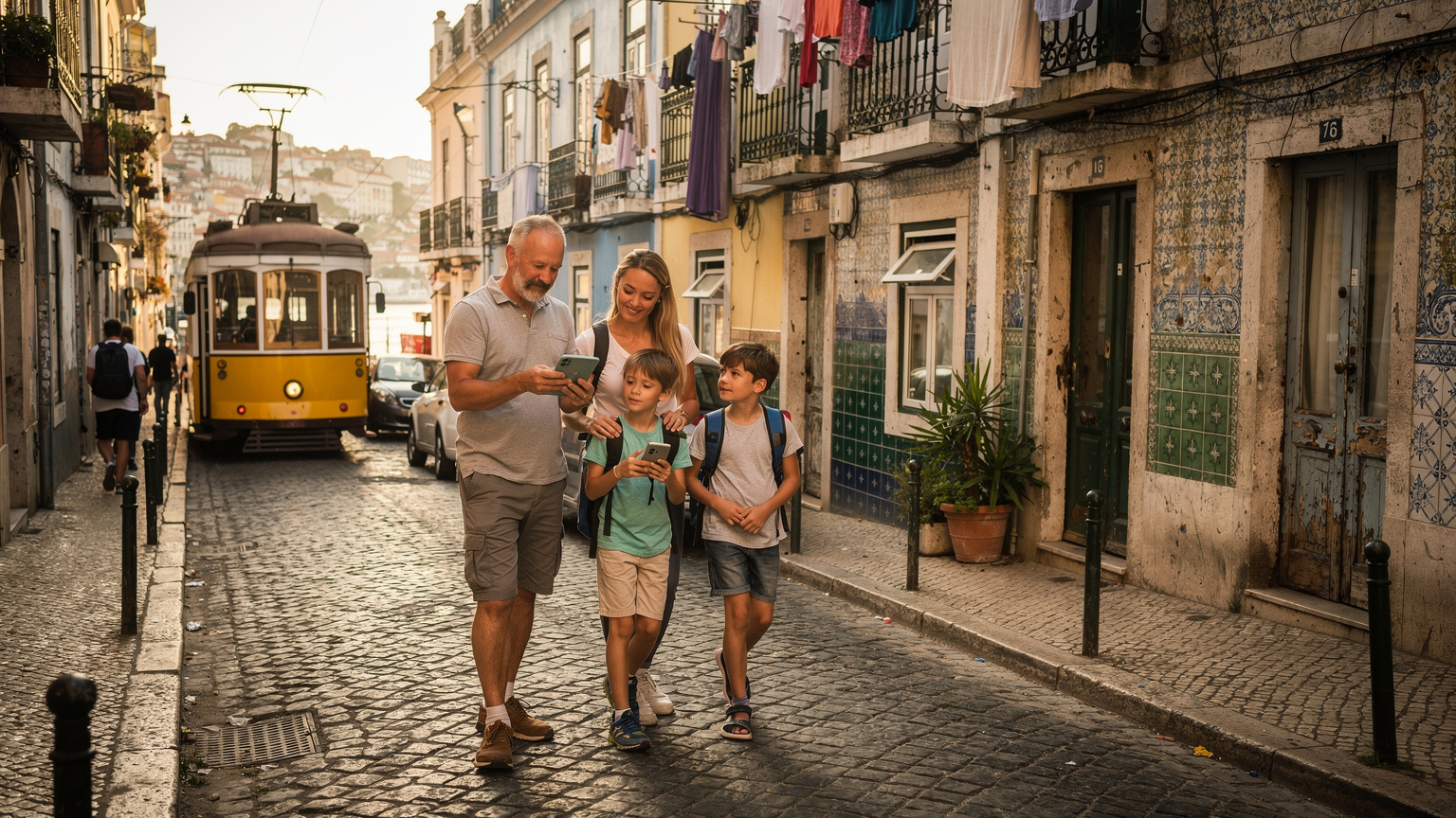 Una familia consulta un mapa digital en un smartphone mientras caminan por una calle adoquinada en el Barrio Alto de Lisboa, con tranvías y edificios coloridos de fondo.