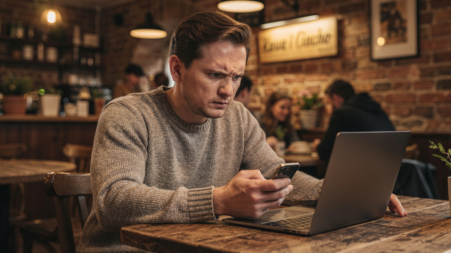 Mężczyzna w kawiarni, zmartwiony patrzy na ekran telefonu, podczas gdy jego laptop jest otwarty obok, sugerując problemy z połączeniem lub pilną sprawę.
