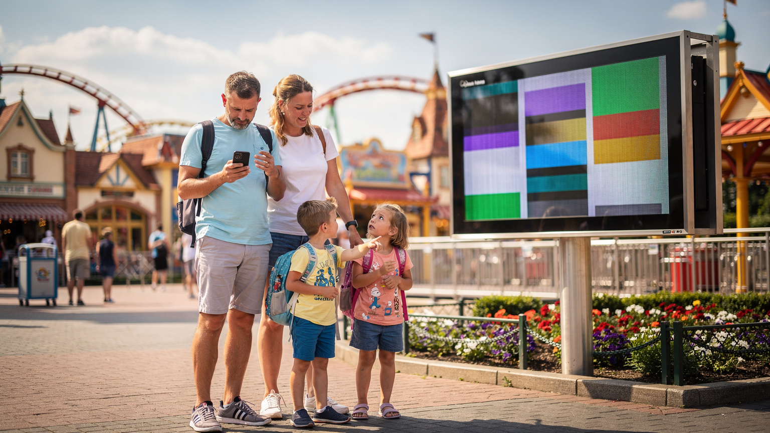 Eine Familie (Eltern und zwei Kinder) steht vor einem Schild mit Wartezeiten für eine Achterbahn in einem sonnigen europäischen Themenpark. Ein Elternteil schaut auf sein Handy, um eine App zu bedienen, die die Wartezeiten anzeigt.