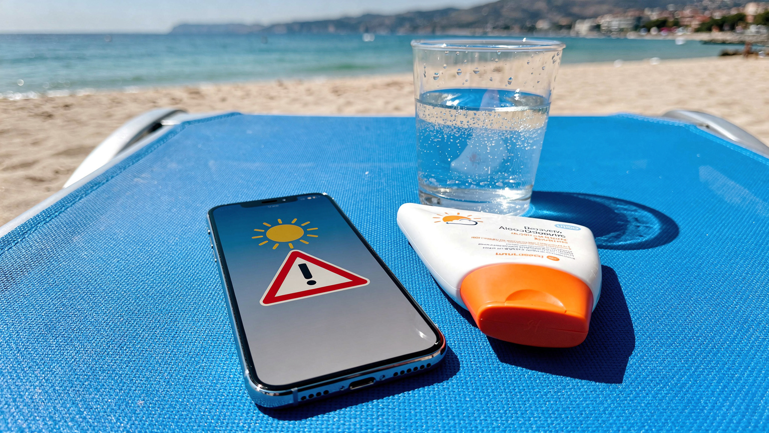 Eine Nahaufnahme von einem Smartphone, das auf einer Strandliege liegt. Auf dem Bildschirm ist eine Wetter-App mit Hitzewarnungen für eine südeuropäische Stadt zu sehen. Daneben ein Glas Wasser und Sonnencreme.
