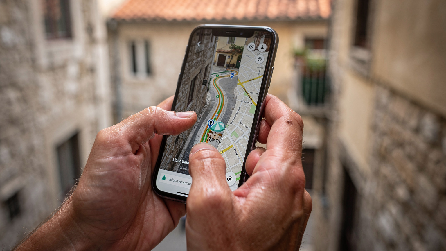 Eine Nahaufnahme von Händen, die ein Smartphone halten und auf einer Karte scrollen, die einen Weg zu einem schattigen Café oder einer Apotheke in einer südeuropäischen Altstadt anzeigt. Die Hände sind leicht schwitzig, was auf Hitze hindeutet.