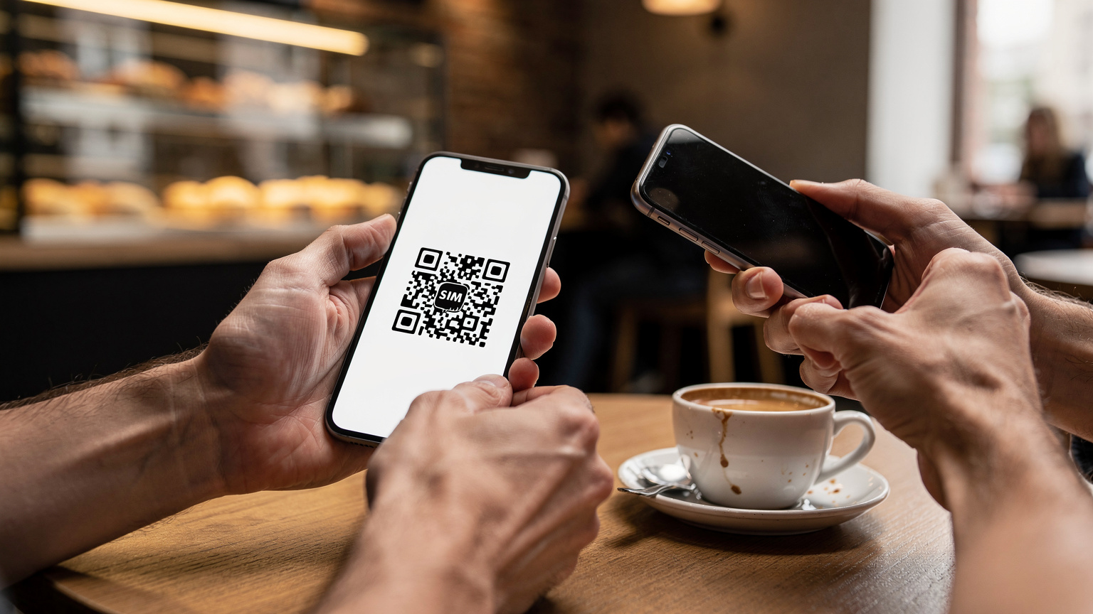 Крупний план рук, що тримають смартфон і сканують QR-код для активації eSIM у затишній кав'ярні Києва.