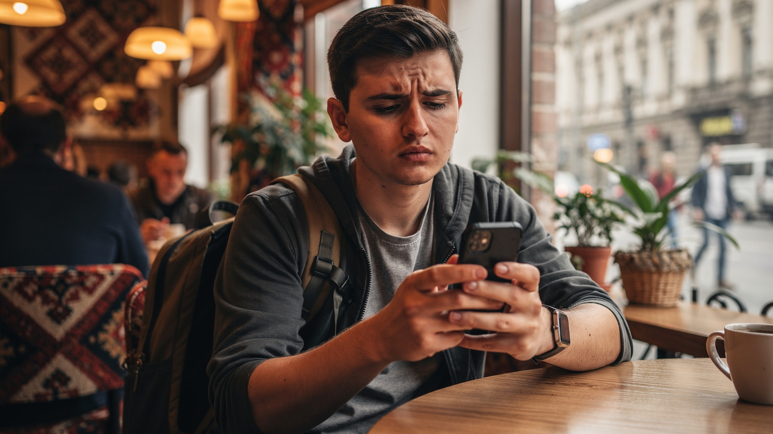 Молодий чоловік з рюкзаком шукає Wi-Fi у гамірному кафе на вулиці Хрещатик, його обличчя виражає легке розчарування.