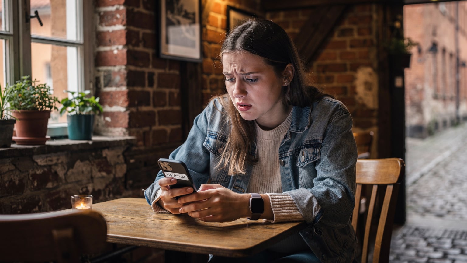 En ung kvinde sidder på en cafe i Latinerkvarteret i Aarhus, kigger bekymret på sin iPhone, der viser en "Ingen service"-meddelelse, mens hendes Apple Watch på håndleddet forbliver mørkt.