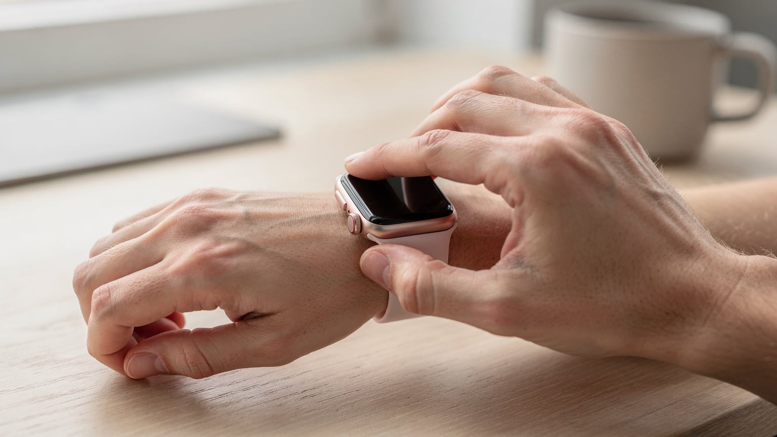 En person viser på sit Apple Watch, hvordan man aktiverer en eSIM-profil, med rene hænder og en diskret baggrund.