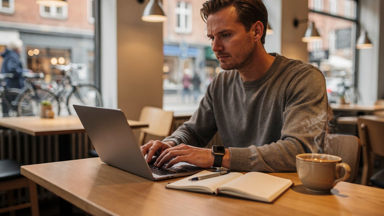 En travel tech blogger sidder ved et cafébord i København, omgivet af sin notesbog og en varm drik, mens hun intensivt researcher på sin MacBook, med et Apple Watch diskret synligt på håndleddet.