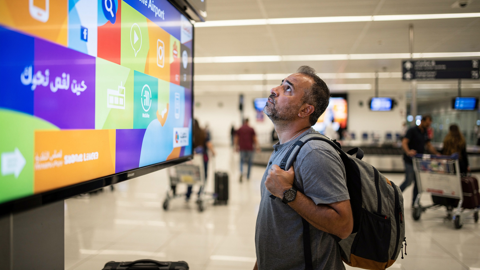 Un voyageur à l'aéroport international du Caire, l'air perplexe devant un panneau d'opérateur de téléphonie mobile local, symbolisant la complexité des SIM physiques.