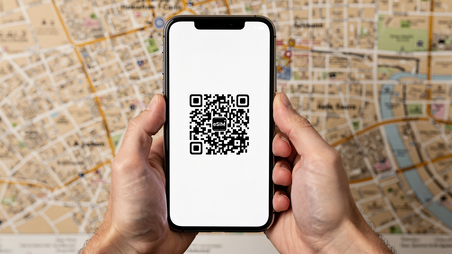Des mains tenant un smartphone affichant un QR code eSIM, avec une carte du Caire floue en arrière-plan, symbolisant la connectivité facile.