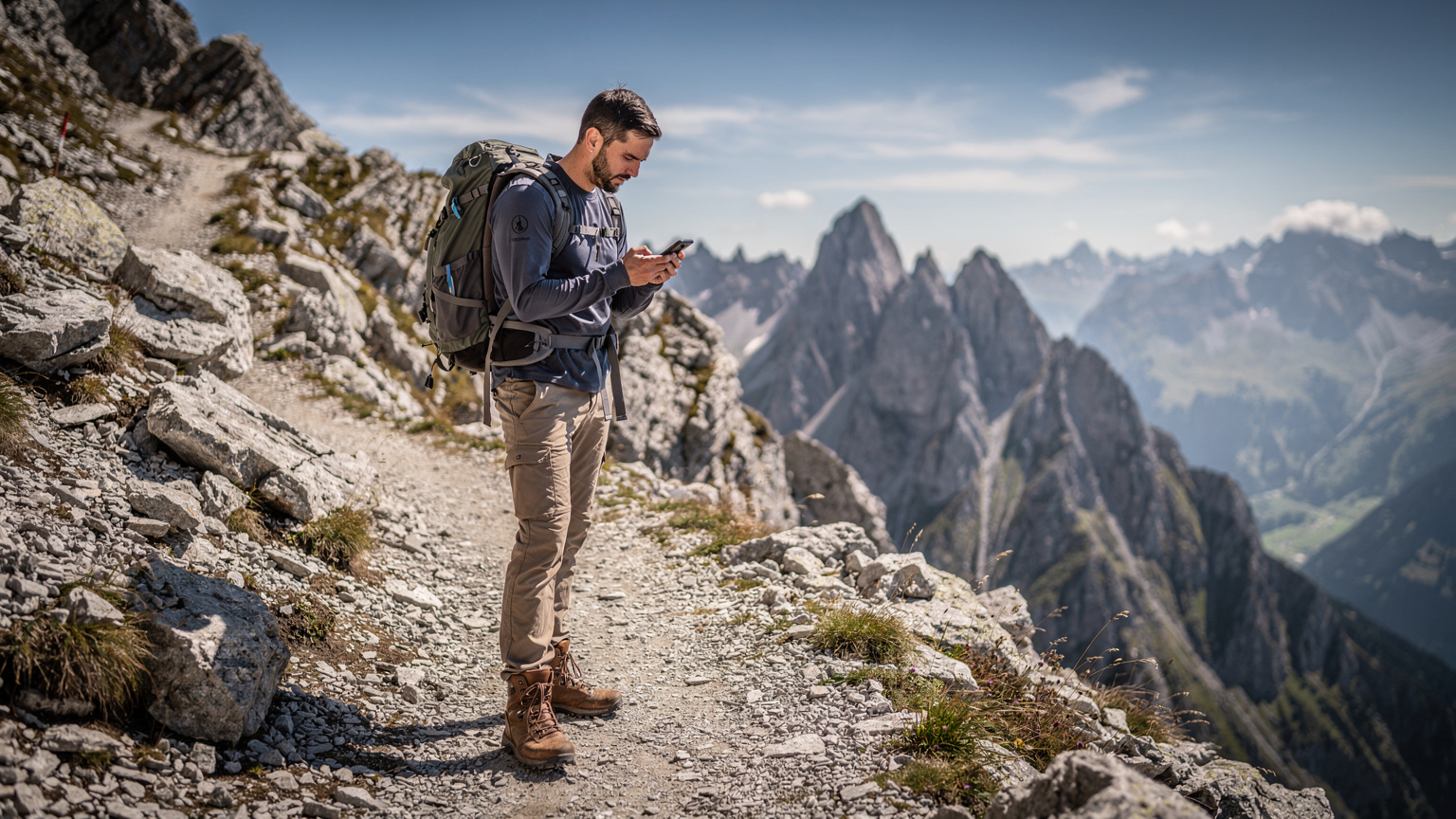 Ein Wanderer in den österreichischen Alpen schaut auf sein Smartphone, um seine Route auf einem steinigen Bergpfad zu überprüfen, mit majestätischen Gipfeln im Hintergrund.