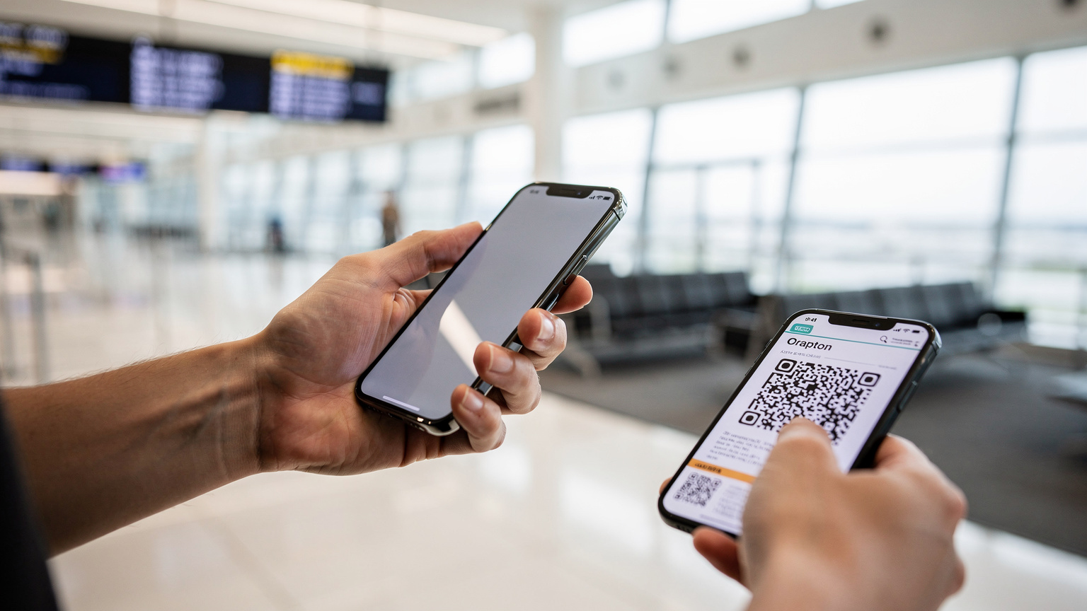O mână de adult scanează un cod QR de activare eSIM de pe un alt telefon, pe un smartphone, într-un terminal modern de aeroport.
