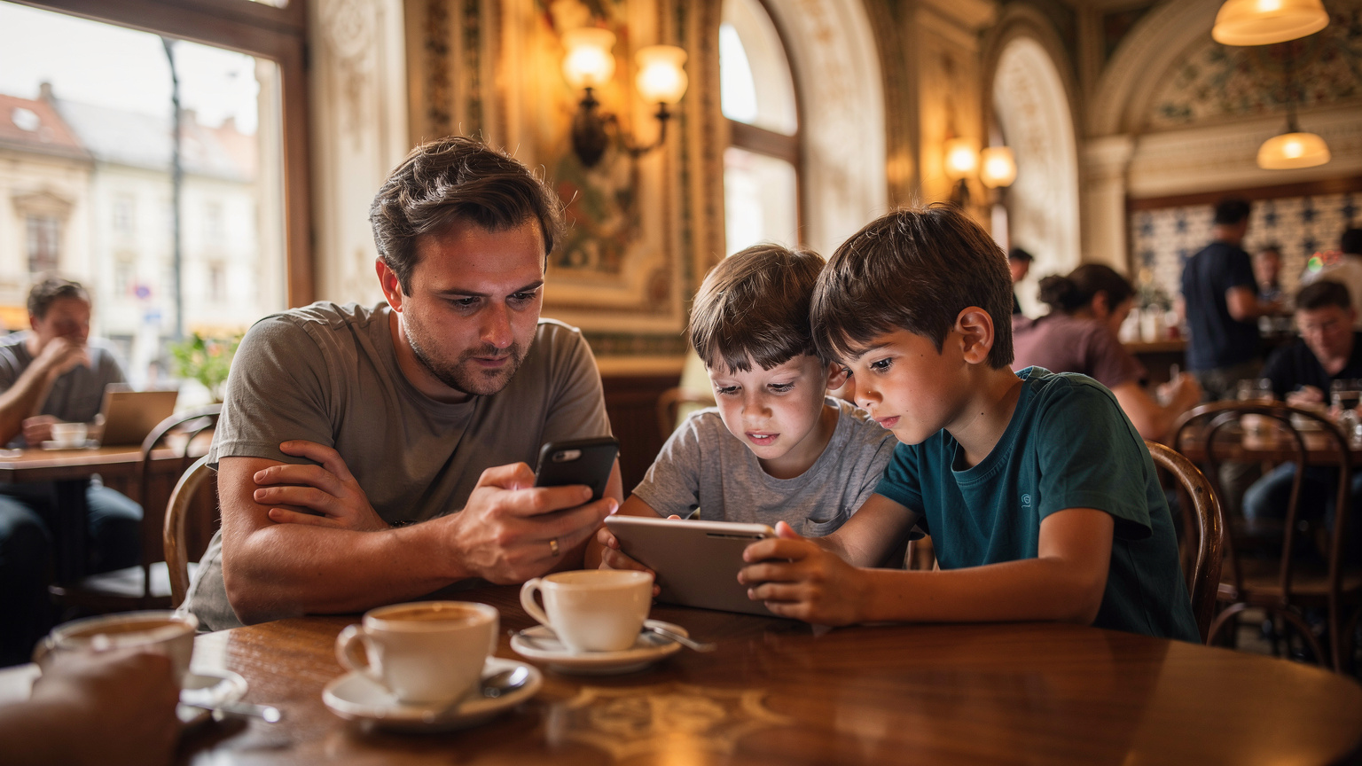 Un părinte într-o cafenea din Budapesta verifică consumul de date pe smartphone, în timp ce doi copii se uită la o tabletă, cu o atmosferă urbană aglomerată în fundal.