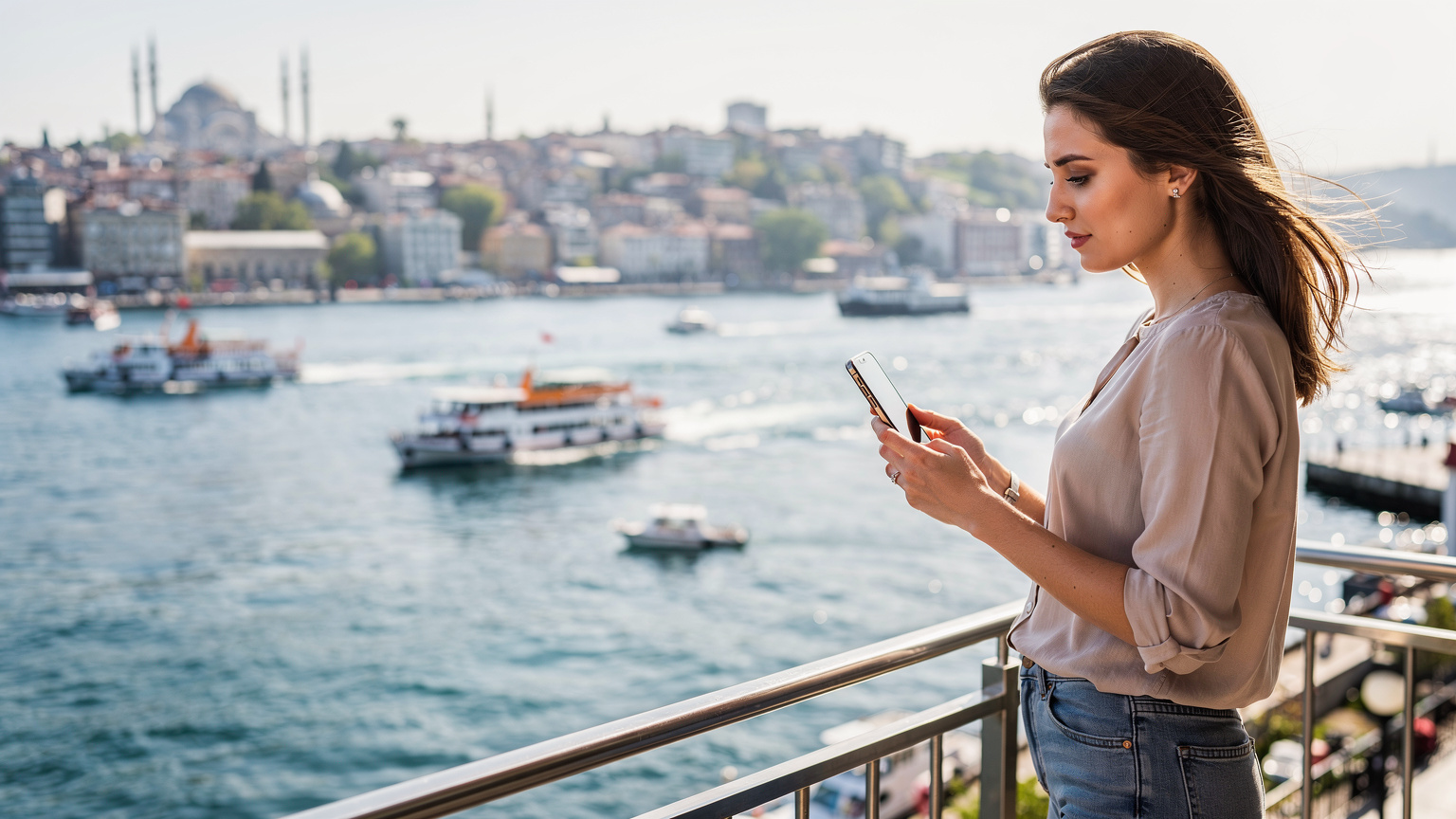 Une jeune femme regarde son téléphone depuis une terrasse donnant sur le Bosphore, des ferries naviguant en arrière-plan.