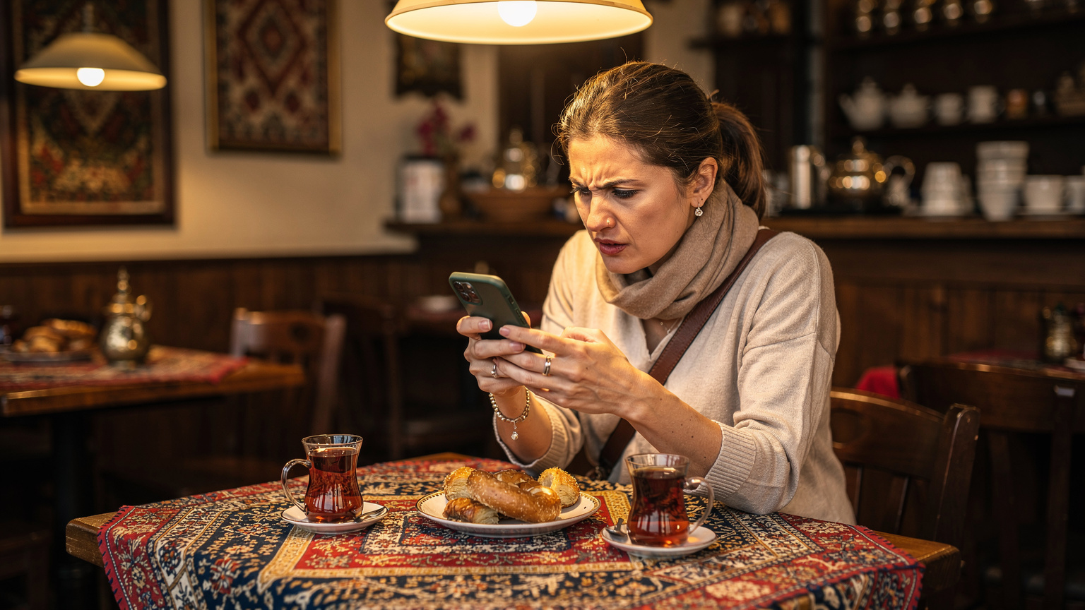 Une femme, le visage exprimant la frustration, regarde son téléphone affichant un message d'erreur de connexion, assise à une table dans un café d'Ankara.