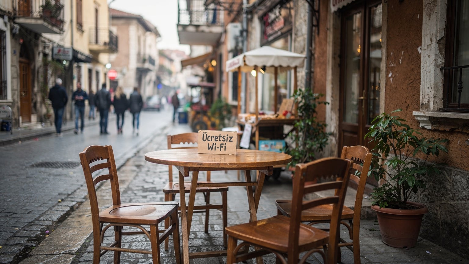 Un café turc traditionnel avec des chaises et des tables en bois, un panneau 'Wi-Fi gratuit' visible et des passants profitant de l'ambiance.